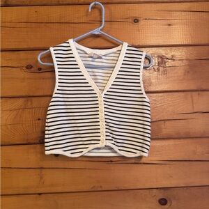 Atelier Sona Black and White Striped Button Front Cropped Tank